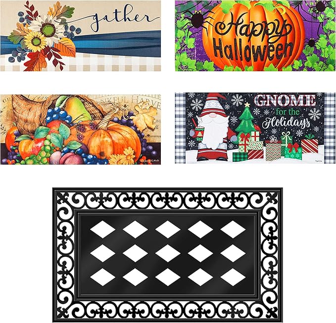Evergreen Sassafras Fall Christmas Holiday Doormat Insert Bundle & Tray Set of 5, Interchangeable Entrance Door mats Indoor and Outdoor Welcome Mat 30 x 18 Tray Non Slip Backing Low Profile