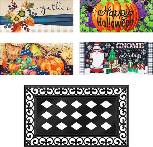 Evergreen Sassafras Fall Christmas Holiday Doormat Insert Bundle & Tray Set of 5, Interchangeable Entrance Door mats Indoor and Outdoor Welcome Mat 30 x 18 Tray Non Slip Backing Low Profile