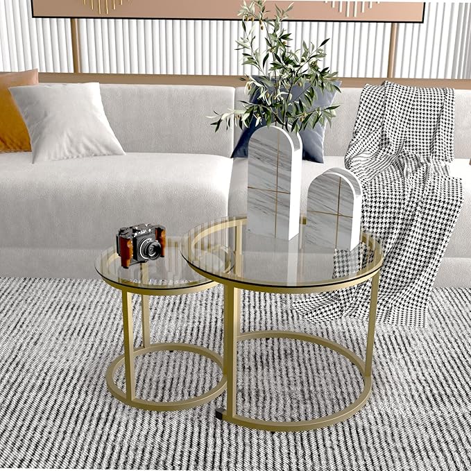 aboxoo Gold Nesting Coffee Table Set of 2, Small Glass Round Nesting Tables for Living Room Bedroom, Accent Tea Table with Metal Frame Modern Industrial Simple