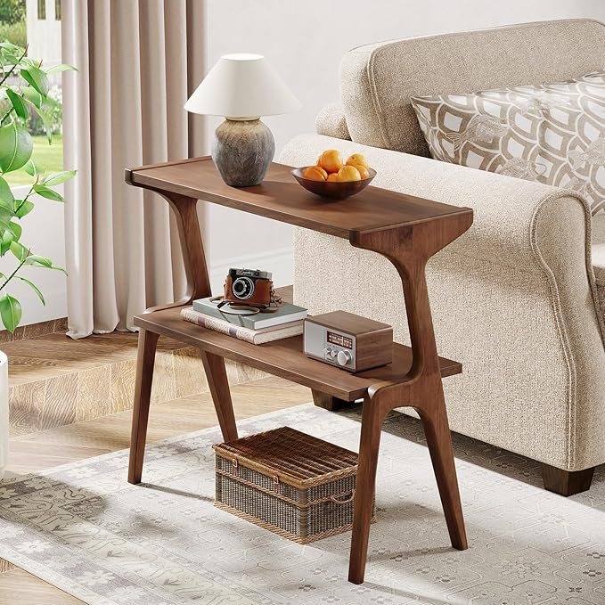 Tribesigns Wood End Table, Farmhouse Narrow Side Table with Storage Shelves, 2-Tier Slim Couch Side Table for Living Room, Long Bedside Table for Bedroom, Small Spaces, Rustic Brown