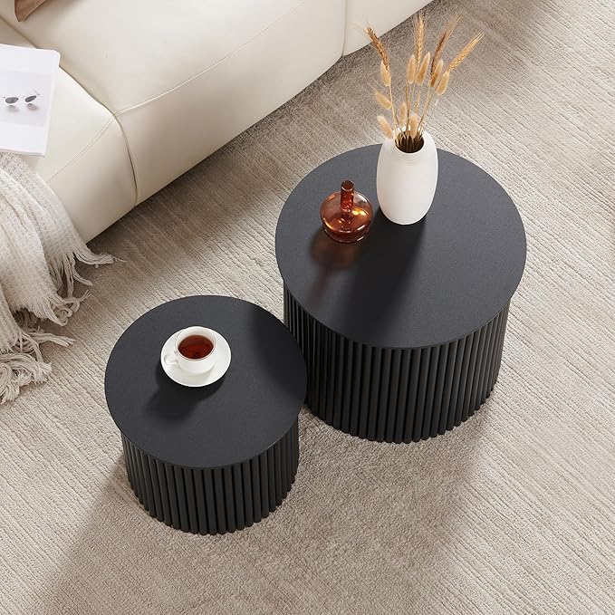 Small Fluted Round Nesting Coffee Table Set of 2, Mid Century Modern Coffee Table Circle Side Table, Wood Nesting Table Farmhouse End Tables Set for Living Room, Bedroom, Small Spaces(Black