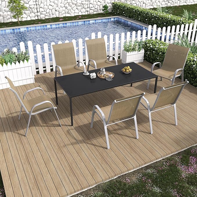 Amopatio Patio Chairs Set of 6, Stackable Dining Chairs for All Weather, Silver Outdoor Chairs Garden Outdoor Furniture for Backyard Deck, Beige