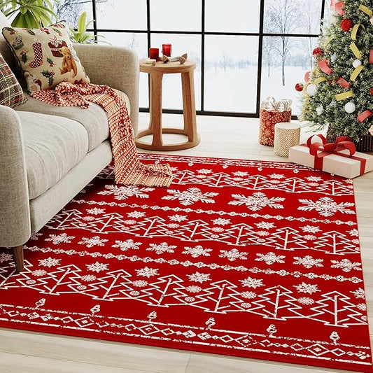 Christmas Area Rug 3x5 Red Washable Office Carpet Xmas Snowflake Holiday Decor Entryway Non Slip Soft Low Pile Small Carpet Indoor Throw Rug Kitchen Living Room Bedroom Entrance Dining Room