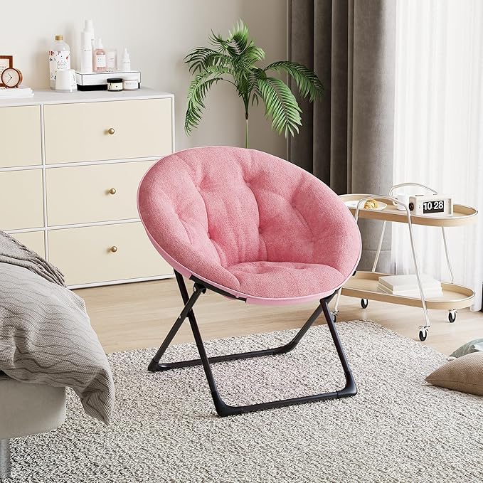 Saucer Chair with Faux Fur Cover, Large Foldable Moon Chair for Adults & Teens, Cozy Circle Accent Chair for Bedroom, Living Room, Dorm, Playroom, Soft Folding Gaming Chair for Small Spaces, Pink