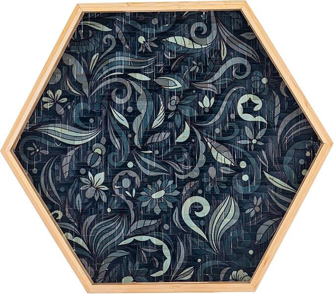 PEMAR 15.7" Hexagonal Bamboo Tray for Serving Coffee, Breakfast, Bread, Food, Art Decor. Decorative Pattern Tray for Coffee Table, Kitchen Counter, Vanity, Bedroom, Ottoman, Home Decor (Turquoise)