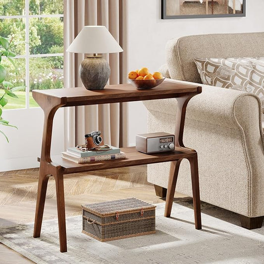 Tribesigns Wood End Table, Farmhouse Narrow Side Table with Storage Shelves, 2-Tier Slim Couch Side Table for Living Room, Long Bedside Table for Bedroom, Small Spaces, Rustic Brown