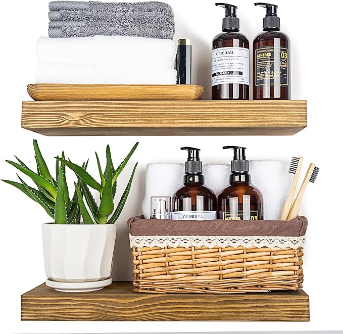 Wood Floating Shelves,16 inch Rustic Wood Wall Shelves for Bathroom Living Room Bedroom Kitchen Farmhouse Laundry Room Set of 2,Handmade-Thickened Wall Shelf,Black Walnut