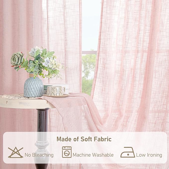 LAMIT Sheer Linen Curtains 63 Inch for Girls Bedroom, Light Filtering Neutral Semi Sheer Farmhouse Boho Curtains Back Tab and Rod Pocket Living Room Panels, Pink, 2 Panels, 52 x 63 Inch