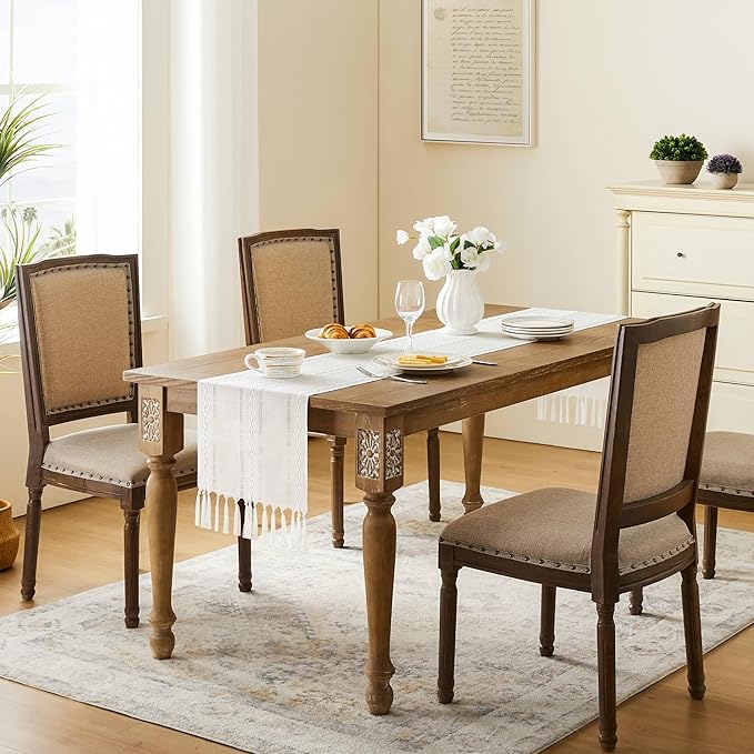 Christmas Table Runner, White 13x90 Inch, Hemstitched Farmhouse Cotton Linen Boho Table Runners 90 Inches Long, Embroidered Striped Rustic Home Decor