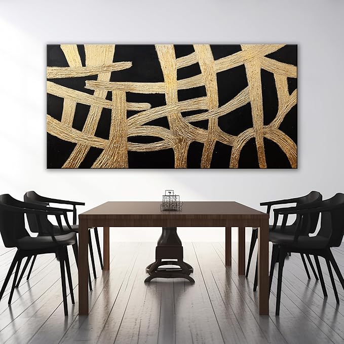 Abstract Wall Art Paintings Wall Decor Large Canvas Wall Art Decor Black And Gold Lines Texture Wall Art Decor Artwork Modern Minimalist Wall Art For Living Room Bedroom Office Wall Decor 29"X58"