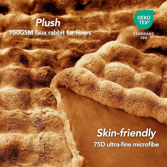L'AGRATY Faux Fur Throw Blanket: 90" x 90" Luxury Soft Fluffy Thick Rabbit Fur Blankets for Queen Bed Couch - Cozy Plush Bubble Blankets for Home Decor: Warm Flannel Fleece Decorative Blanket