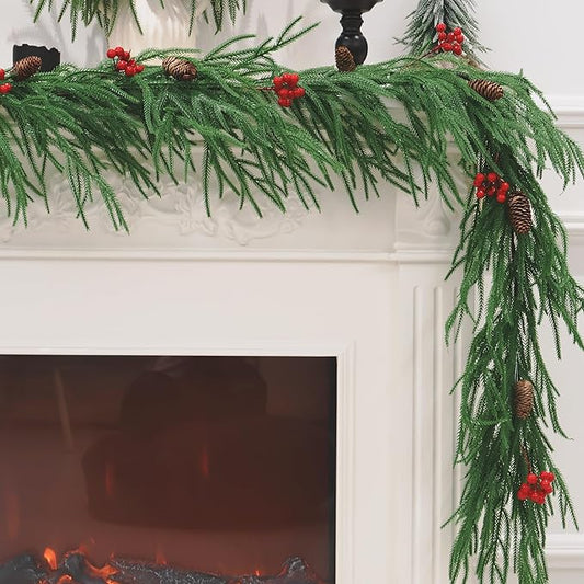 9FT Christmas Garland Real Touch Norfolk Pine Garland Faux Realistic Greenery Garland with Pine Cones and Berries for Mantle Fireplace Stairs Indoor Outdoor Decoration