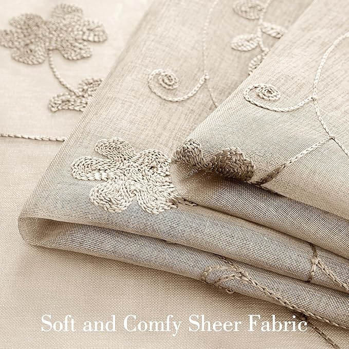 HOMEIDEAS Taupe Sheer Curtains 84 Inches Long 2 Panels Beige Embroidered Floral Pattern Semi Sheer Window Curtains for Bedroom Living Room