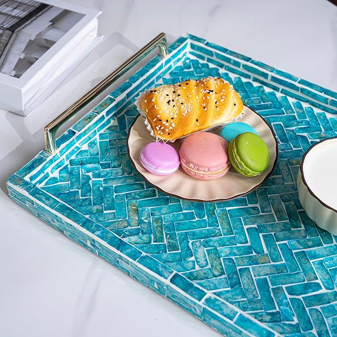 PEMAR Capiz Shell Decorative Tray with Gold Handles – 15.7"x11.8" Rectangular Display & Serving Tray for Vanity, Dresser, Bathroom (Mosaic Chevron)