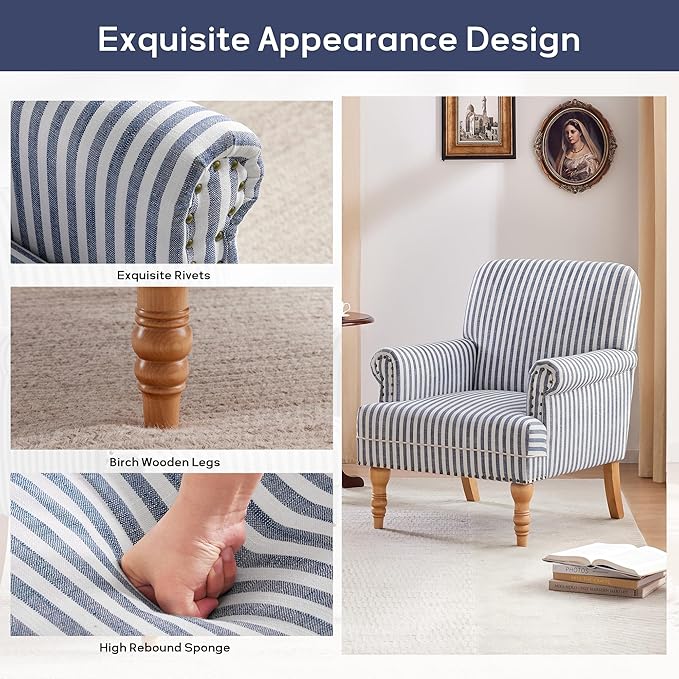 HUIMO Linen Fabric Accent Chair, Mid-Century Modern Armchair with Solid Wood Legs, Single Sofa Chair,Upholstered Reading Club Chair (1, Dark Blue and White Stripe)