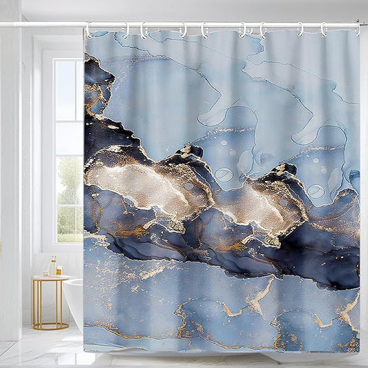 Domoku Marble Fabric Shower Curtain for Bathroom Decor, Modern, Luxury Standard,Waterproof, Washable,72 X 84, Blue,Sky Blue Gold