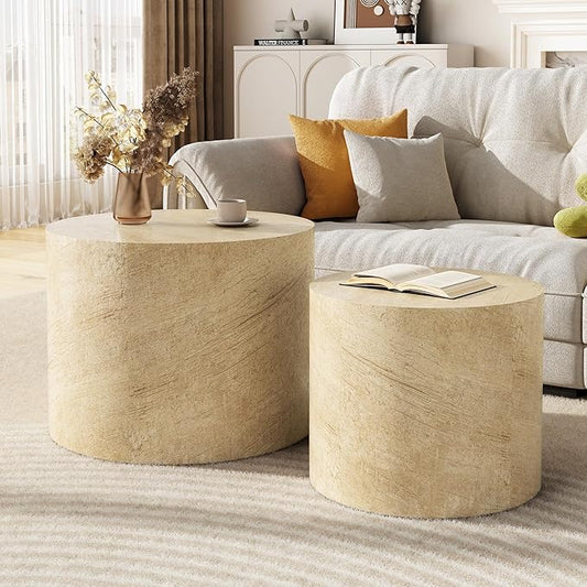 Nesting Coffee Table Set of 2, Round Beige Nesting Table Modern Circle Coffee Tables Side End Tables for Small Spaces Living Room, Bedroom, Balcony, Office