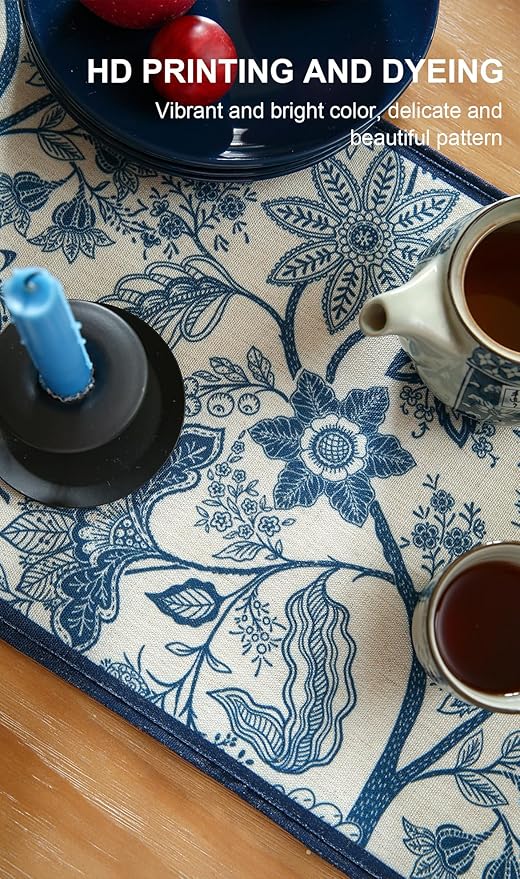 ISAENNE Designer Chinoiserie Elegant Linen Table Runner 102 Inches Long,Blue Floral Pattern Decor Table Runners for Thanksgiving,Dining Room,Banquet,Kitchen Tables,Christmas,12"*102"-Ruyi B