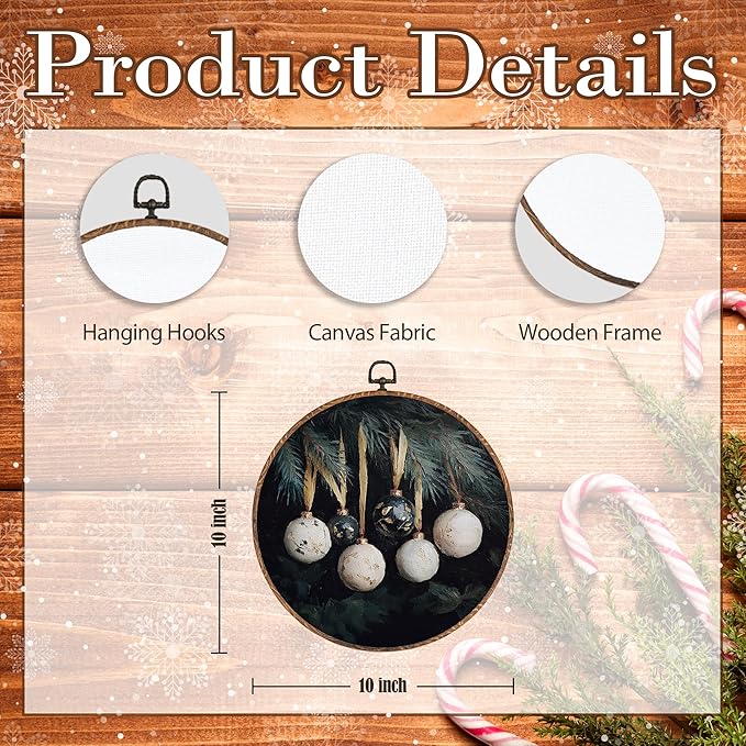 Hxlac Vintage Christmas Bauble Ball Round Wall Art Framed, Dark Rustic Winter Round Wall Decor, Cottagecore Winter Hanging Canvas Prints Wall Sculptures for Home Bedroom Living Room Decor, 10x10 Inch