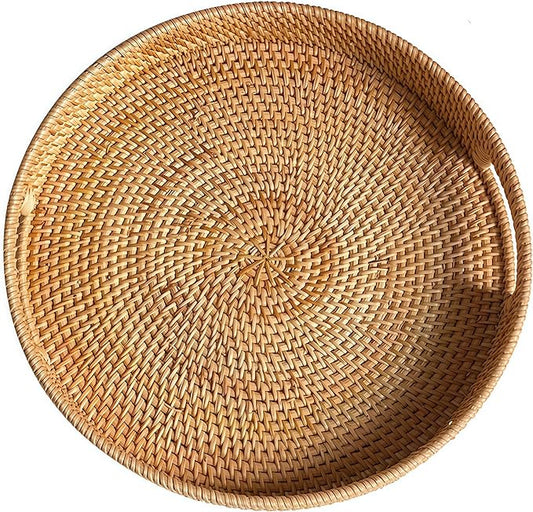11.8" Round Rattan Tray, Hand Woven Serving Tray with Handles, Wicker Serving Basket, Decorative Tray for Home Decor, Natural