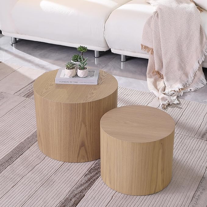 Round Coffee Table Set of 2, Nesting Coffee Table and End Table Set Wood Small Circle Drum Side Table for Living Room Office, No Assembly,Wooden