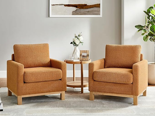 VANOMi Accent Chair 29.5" Reading Chair, Modern Living Room Chair with Thick Cushion&Wood Base, Comfy Upholstered Boucle Armchair, Single Sofa for Bedroom, Office, Curry Set of 2