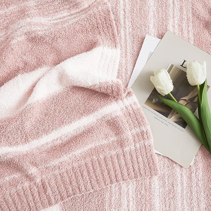 WRENGONGE Pink Throw Blanket, 50x70 Soft Cozy Striped Throw Blankets for Couch, Sofa, Bed, Travel, Lightweight Fluffy Warm Plush Decorative Blankets for Women, Men,Kids Gift