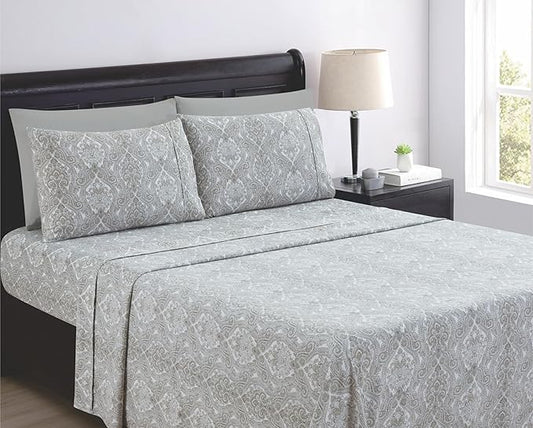 Queen Size Bed Sheets Set Deep Pockets - 6PC Paisley Ultra Soft Microfiber Bed Sheets - Easy to Clean, 90 Thread Count Sheets with Fitted Sheet, Flat Sheet & Pillowcases (Light Grey)