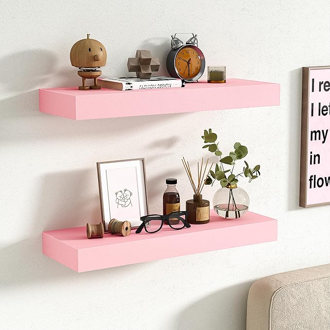 BAMEOS Pink Floating Shelves for Wall, 16" x 6" Wall Shelves for Room, Floating Book Shelves, Hanging Shelves for Bedroom, Bedroom, Living Room, Kitchen (Set of 2)
