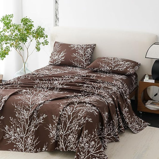 Spirit Linen home King Size Sheets Set - Pure Microfiber 4 Piece Polyester Bed Sheets, Fitted Sheet & Pillow Cases - King Sheets for All Seasons (Foliage Chocolate/White, King)