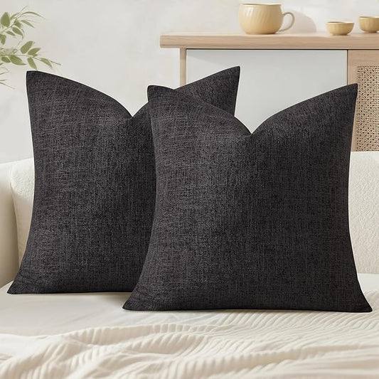 JIUZHEN 18x18 Inch Black Faux Linen Pillow Covers Set of 2, Modern Minimalist Decorative Pillowcase for Sofa Office, Luxury Textured Dark Cushion Cover