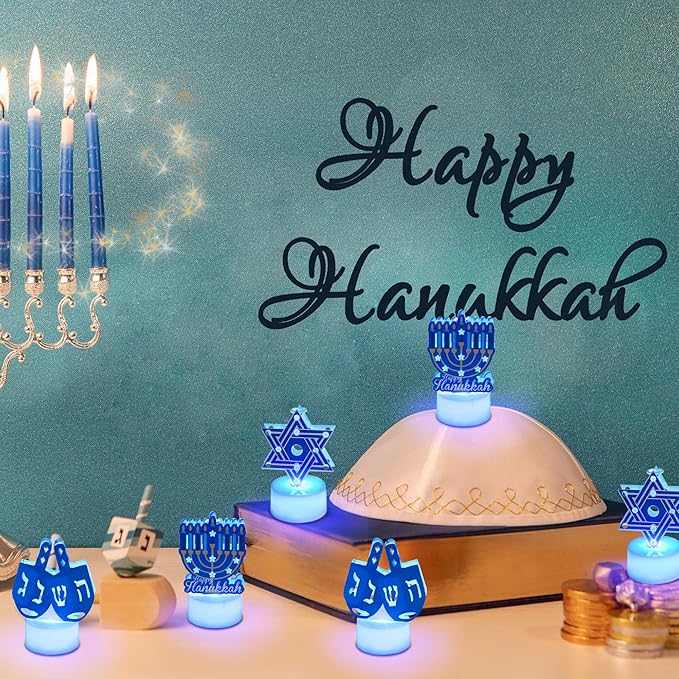 6 PCS Hanukkah Tea Lights Candles Battery Operated LED Flameless Tealight Candles, Blue Star of David Menorah Dreidel Hanukkah Decorations Centerpieces for Home Kitchen Party Decor
