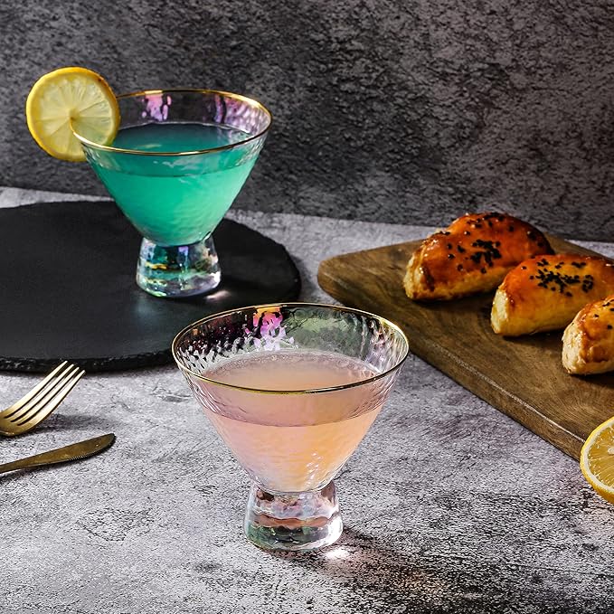 Lysenn Iridescent Stemless Martini Glasses Set of 4 - Premium Hammered Cocktail Glasses for Weddings, Anniversary, Christmas, Party - 7.7oz Gold Rim