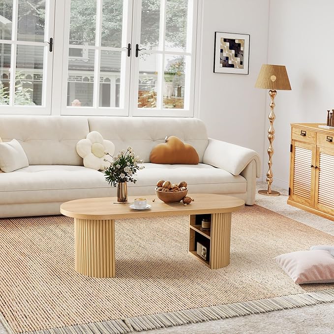 AVZEAR Fluted Oval Coffee Table with Storage for Living Room, Boho Modern Coffee Table, Curved Round Wood Center Table for Home, Small Spaces, Office, Natural(47.24" x 19.69" x 15.74")