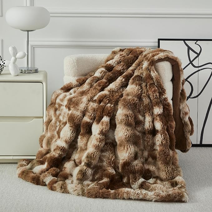 Faux Fur Throw Blanket for Couch Cozy Fuzzy Soft Plush Thick Fluffy Fleece Bubble Blanket for Sofa Bedroom Living Room, 63x79 Inches Coffee