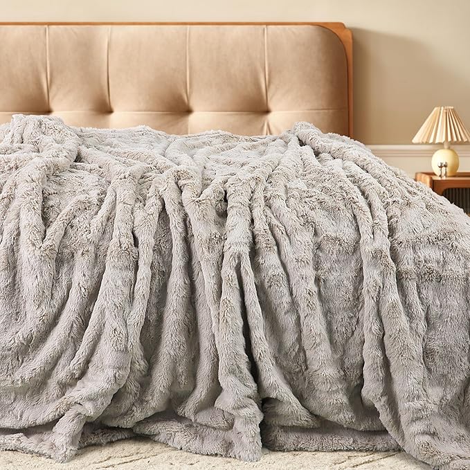 TOONOW Faux Fur Luxury Throw Blanket,Double Side Soft Fluffy Shaggy Fuzzy Blanket for Couch Sofa Bed (Pumice Stone, X-Large Twin Size)