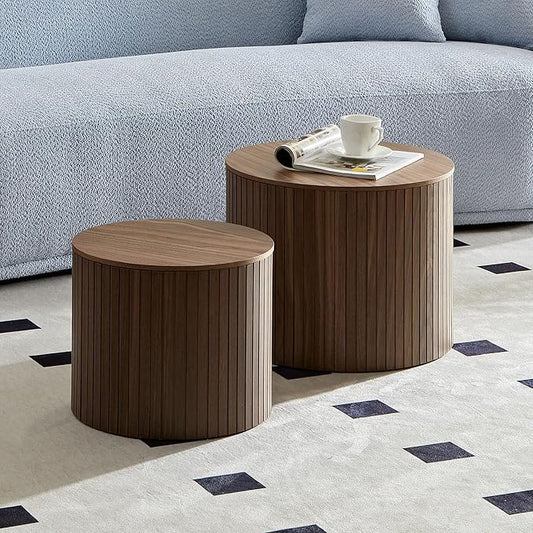 Round Storage Side Table Set of 2, Nesting Coffee Tables with Hidden Storage, Modern Wood Accent End Table for Living Room, Bedroom, Small Space, Minimalist Bedside Table, No Assembly(Walnut)