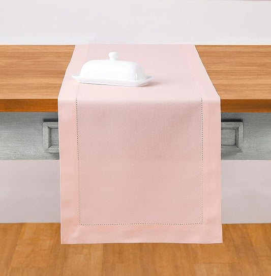 Solino Home Cotton Linen Pink Table Runner 72 Inches Long - Hemstitch Table Runner 14 x 72 Inch for Dresser, Dining, Fall, Autumn, Halloween, Thanksgiving, Christmas