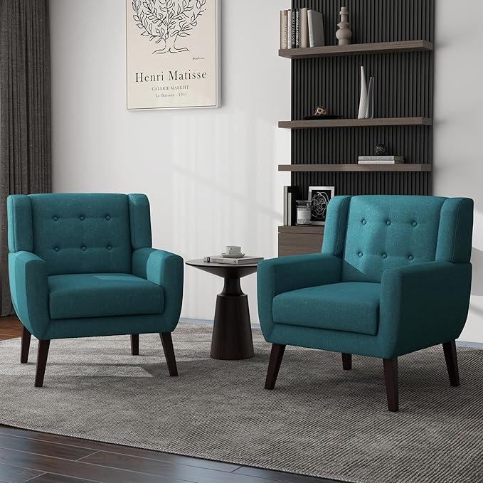 UIXE Accent Chair Modern Arm Chair, Mid Century Upholstered Club Armchair, Comfy Single Lounge Sofa Living Room Button Tufted Armrest Reading Seat Bedroom Side Seating, Turquoise Blue