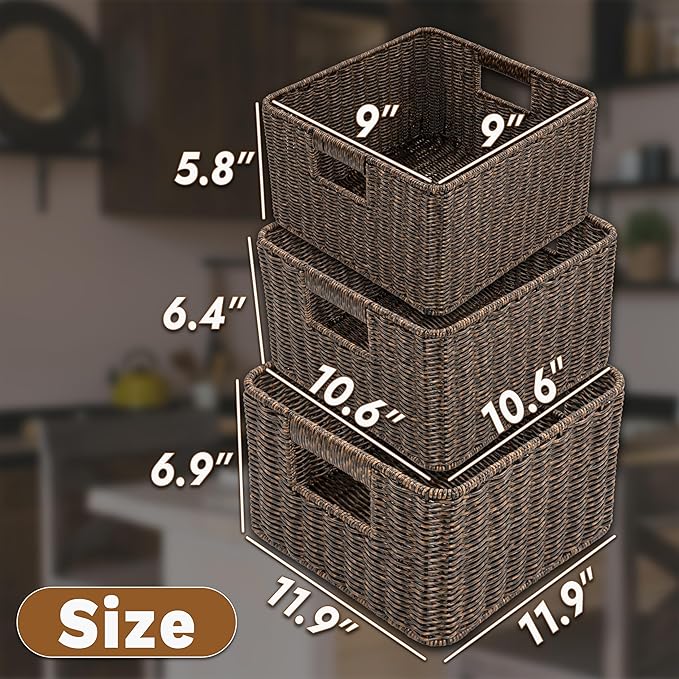myHomeBody Wicker Storage Basket, Storage Cubes, Woven Baskets for Organizing, Resin Wicker Set of 3, Rustic Brown