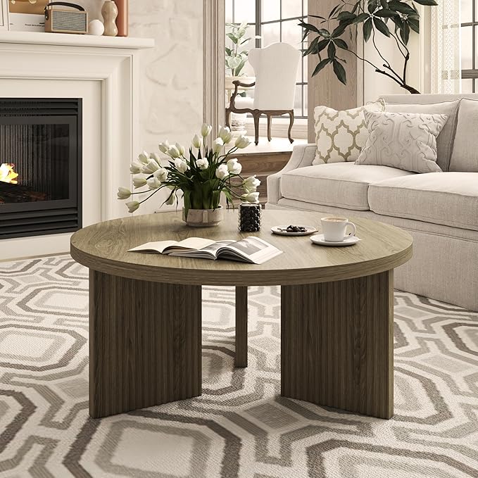 Wooden Round Coffee Table, 35" Coffee Table with Smooth Thick Mesa, Low Circle Center Table with X Shaped Stable Legs, Accent Tea Table for Living Room, Office, Walnut