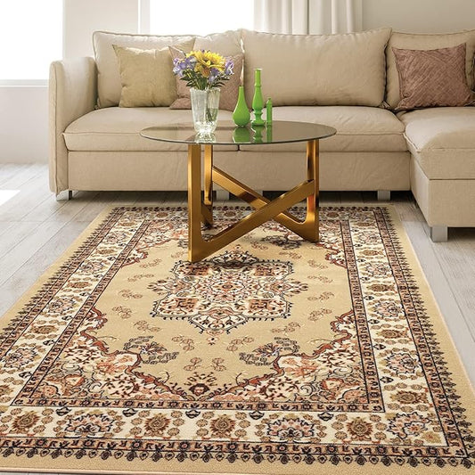 Antep Rugs Alfombras Oriental Traditional 5x7 Non-Skid (Non-Slip) Low Profile Pile Rubber Backing Indoor Area Rugs (Beige, 5' x 7')