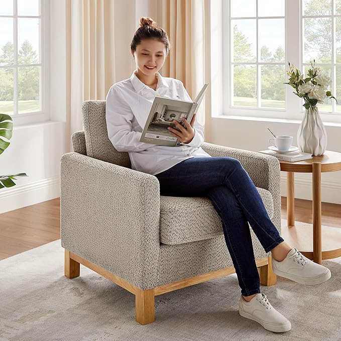 VANOMi Accent Chair 29.5" Reading Chair, Modern Living Room Chair with Thick Cushion&Wood Base, Comfy Upholstered Boucle Armchair, Single Sofa for Bedroom, Office, Camel Set of 2