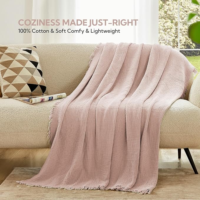 SOULFUL Muslin Throw Blanket with Tassels - Soft Twin Cotton Throw Blanket for Couch or Bed, Lightweight and Breathable Gauze for All Seasons, LightChampagne, 60" x 80"