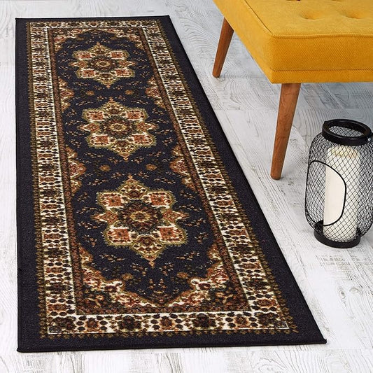 Antep Rugs Alfombras Oriental Traditional 2x10 Non-Skid (Non-Slip) Low Profile Pile Rubber Backing Indoor Area Runner Rugs (Black, 2' x 10')