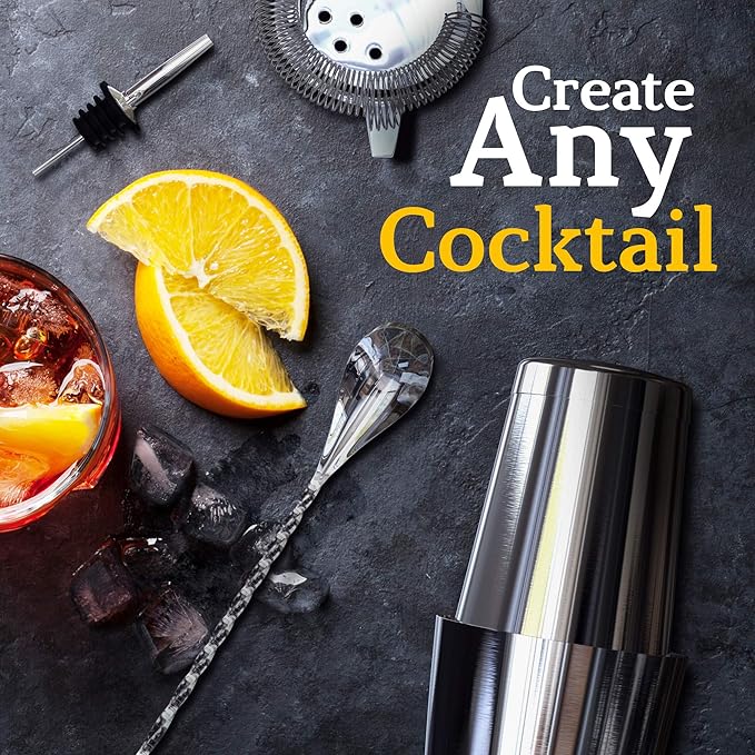 Highball & Chaser 13-Piece Boston Cocktail Shaker Set Stainless Steel Mixology Bartender Kit With Stand For Home Bar Cocktail Set | Laser Engraved Cocktail Tools | Plus E-Book with 30 Cocktail Recipes