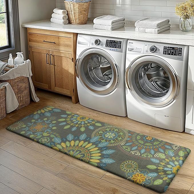 GENIMO Kitchen Mats for Floor 2PCS, Cushioned Kitchen Rugs Non Slip Washable, Farmhouse Anti Fatigue Mat Waterproof, Comfort Standing Mat Rug for Office, Home, Laundry, 17.3"x47"+17.3"x30", Green