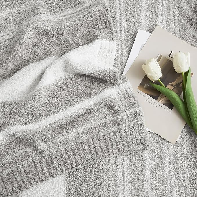 WRENGONGE Light Grey Throw Blanket, 50x70 Soft Cozy Striped Throw Blankets for Couch, Sofa, Bed, Travel, Lightweight Fluffy Warm Plush Decorative Blankets for Women, Men,Kids Gift