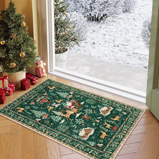 Lahome Indoor Christmas Rug 2x3 Small Kitchen Bathroom Rugs for Entryway,Washable Soft Non-Slip Christmas Tree Santa Claus Area Rug,Door Mat for Winter Living Room Bedroom Holiday Decor(2x3,Green)