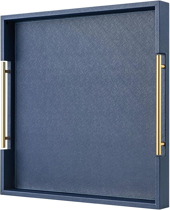 Navy Blue Faux Leather Decorative Tray,Large Square Serving Tray with Handles,coffee table tray for Home decor,Large Ottoman Tray for Living Room,Bathroom, 20 x 20in